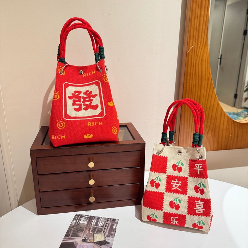 Knitted Handbag For Women With Magnetic Buckle, Red Tote Bag, Large Capacity, Versatile For Shopping And Walking, Women'S Handbag - Image 2